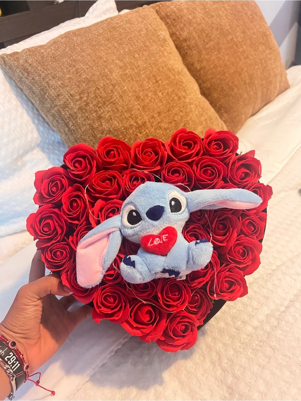 Blue Stitch Plush Holding Red Heart on Heart-Shaped Red Rose Arrangement